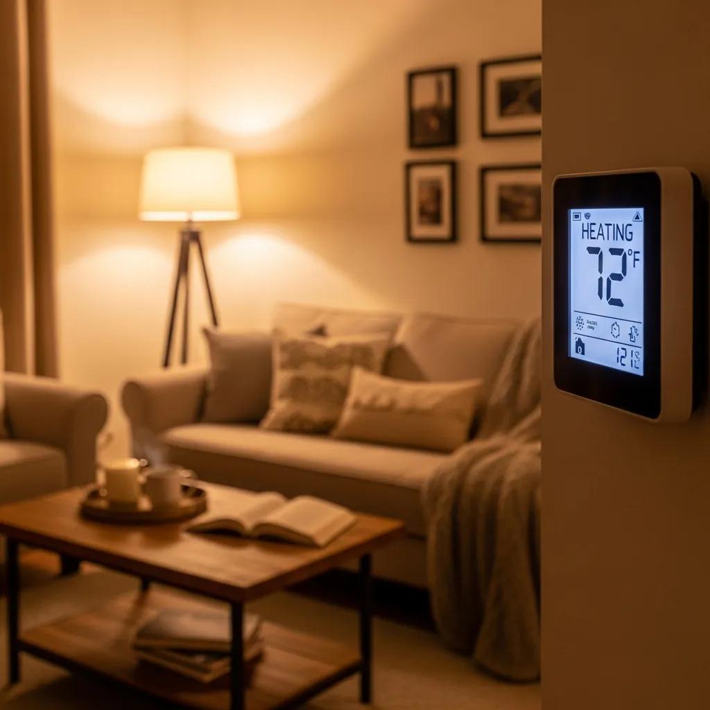 Person checking a digital thermostat on a living room wall to verify heat settings and schedule