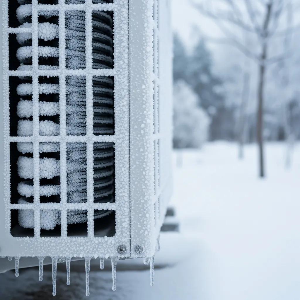 Outdoor heat pump with frost on the coil — common winter freezing issue requiring inspection