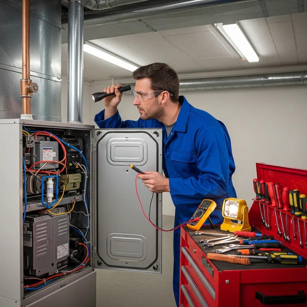 Technician examining a furnace, emphasizing the importance of addressing unusual noises