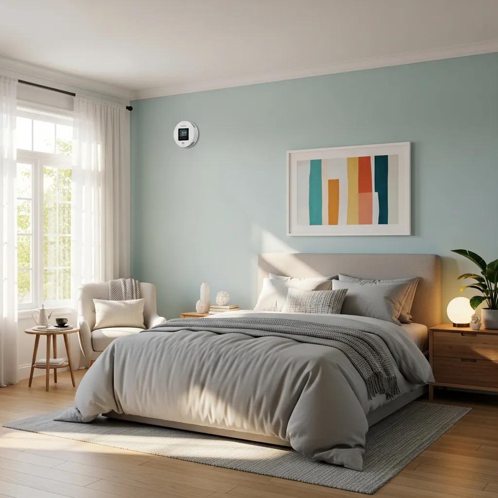 Bedroom with a carbon monoxide detector installed near sleeping areas for safety