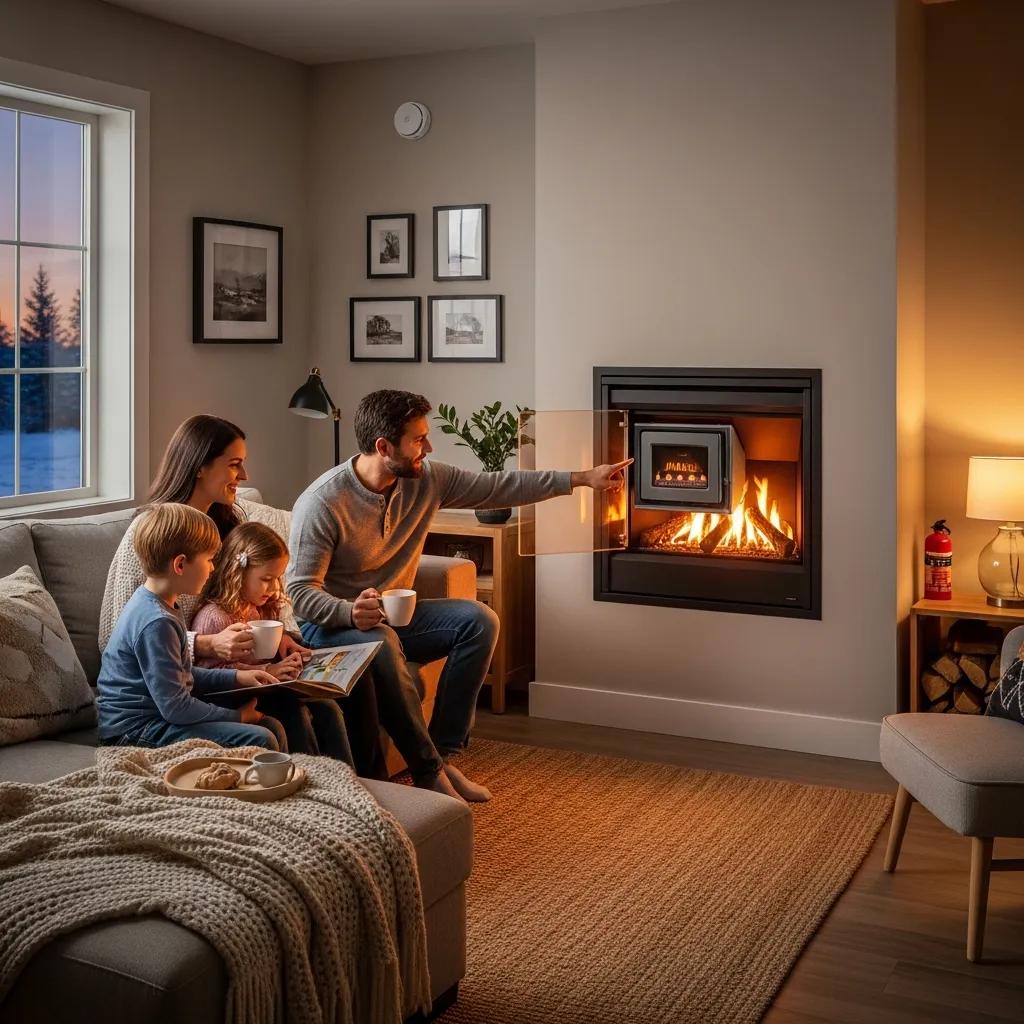 Cozy living room with a modern gas furnace, highlighting family safety and comfort