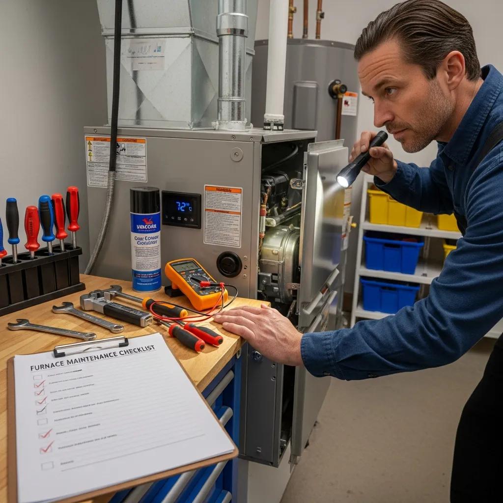 Homeowner reviewing a furnace maintenance checklist while inspecting the unit